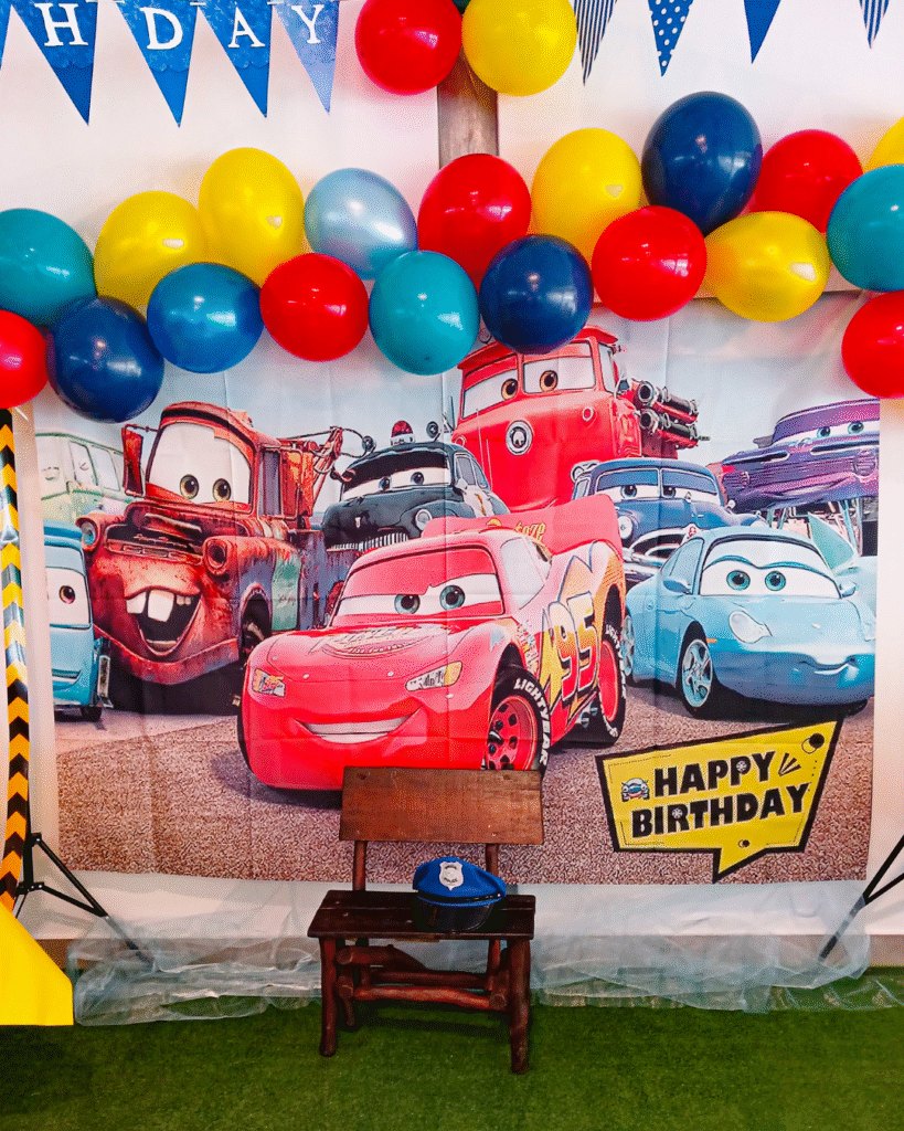 A Cars-themed children's birthday party set up at Earthworx Garden World